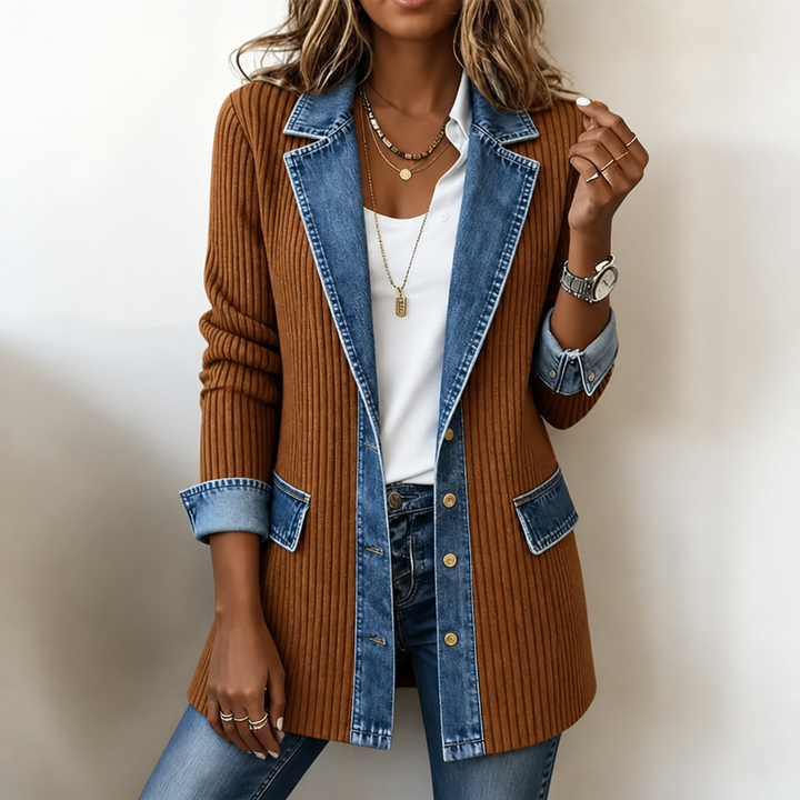 Women's Jumper in Textured Knit with Denim in Brown