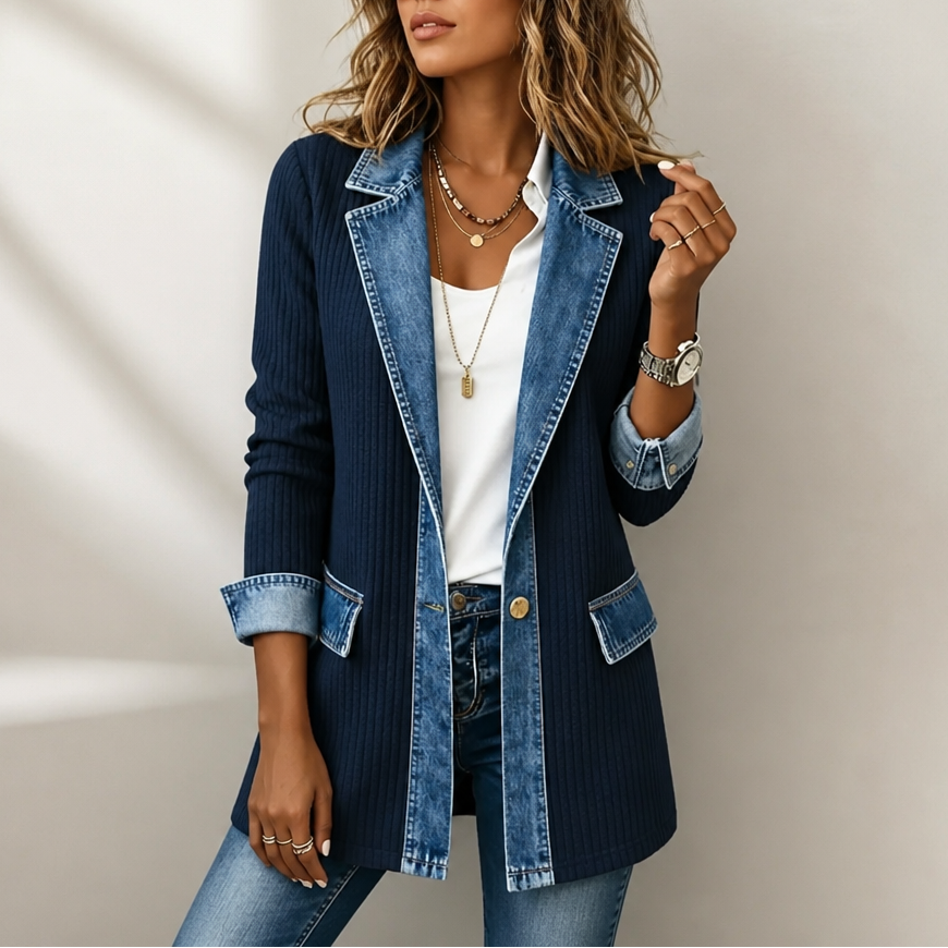 Women's Jumper in Textured Knit with Denim in Navy Blue