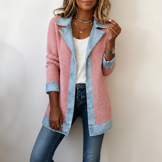 Women's Jumper in Textured Knit with Denim in Pink