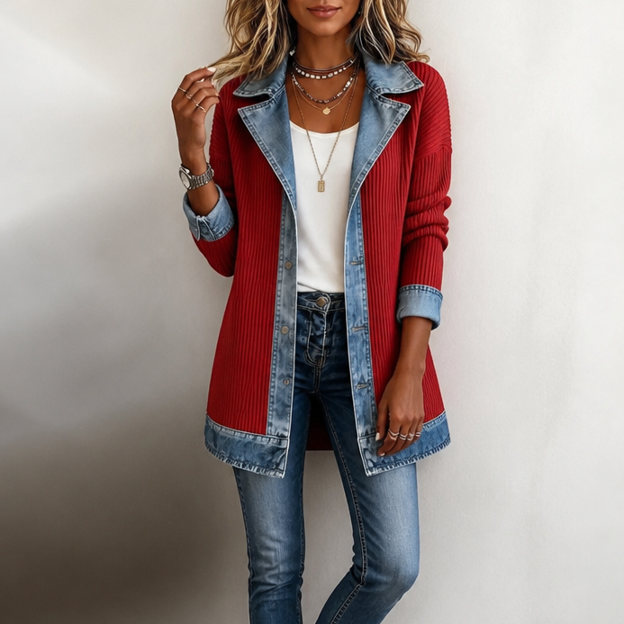 Women's Jumper in Textured Knit with Denim in Red