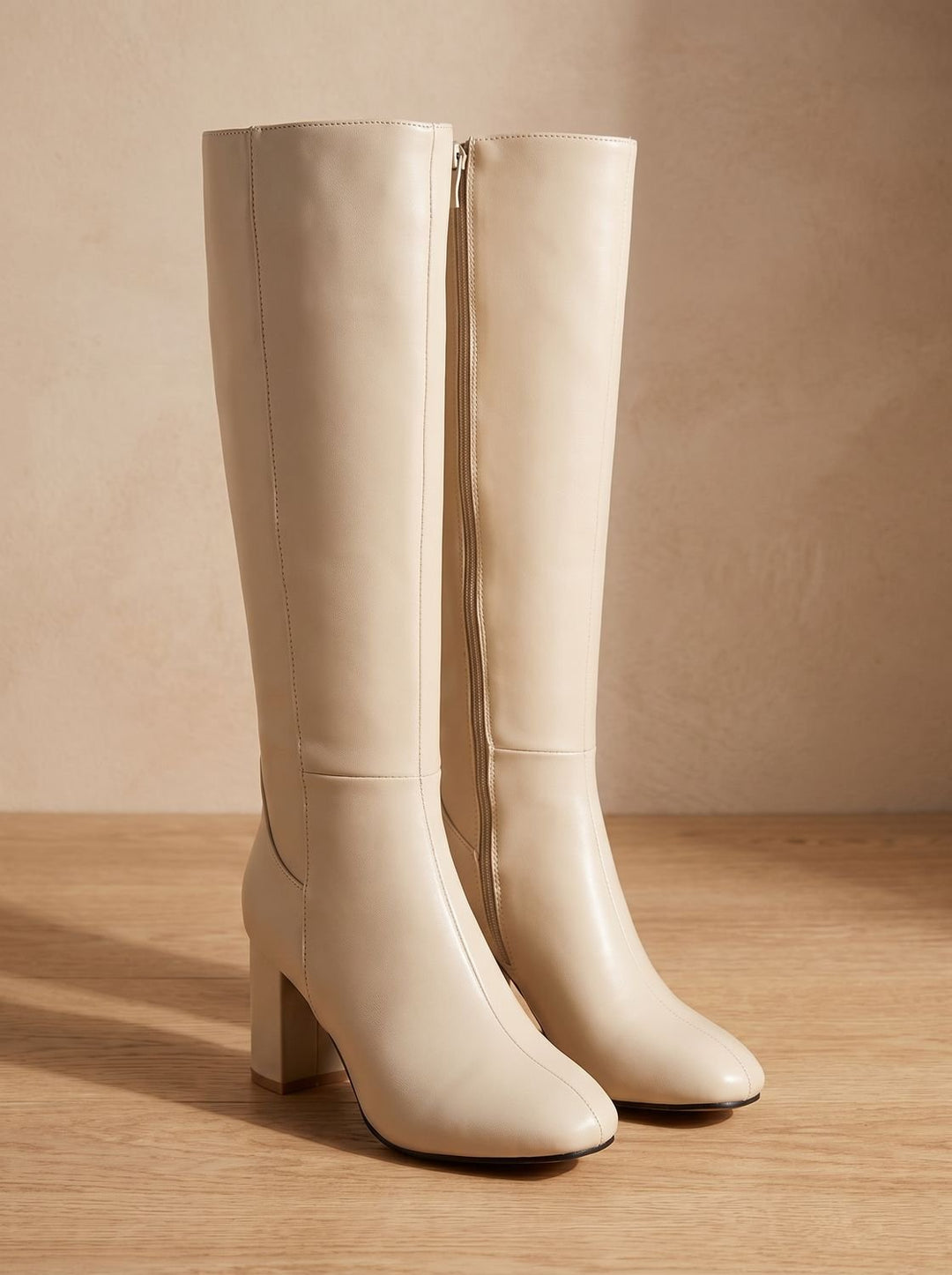 Women's Knee-High Black Cowboy Boots in Beige
