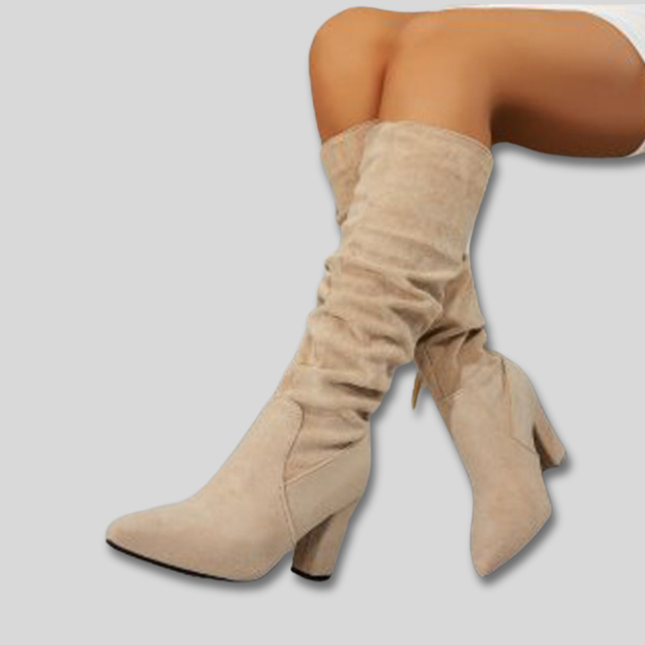 Women's Knee High Boots, Block Heel Suede in Beige