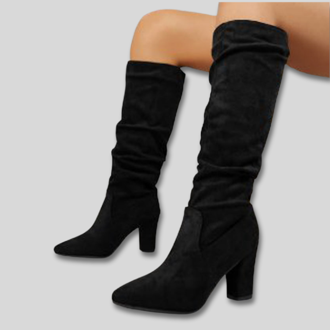 Women's Knee High Boots, Block Heel Suede in Black