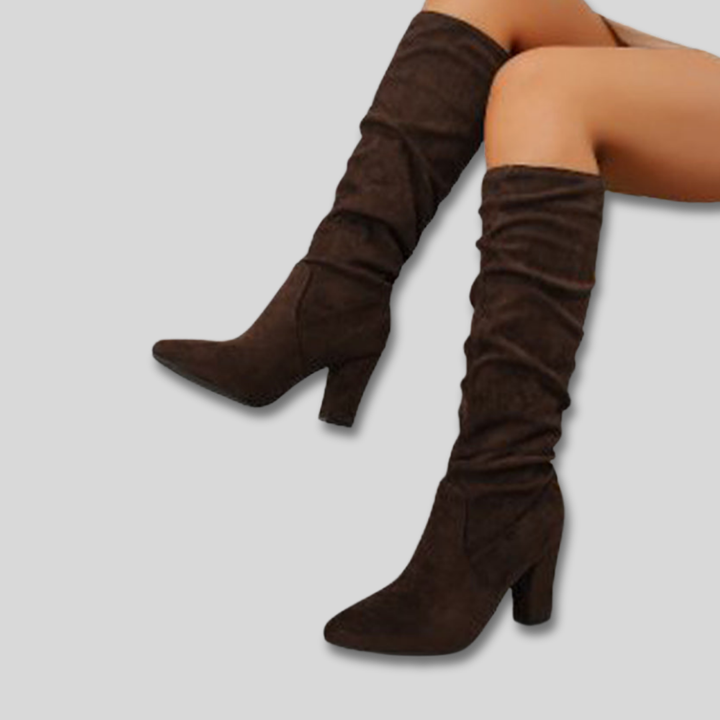 Women's Knee High Boots, Block Heel Suede in Dark Brown