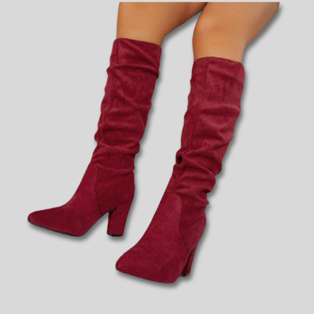 Women's Knee High Boots, Block Heel Suede in Red