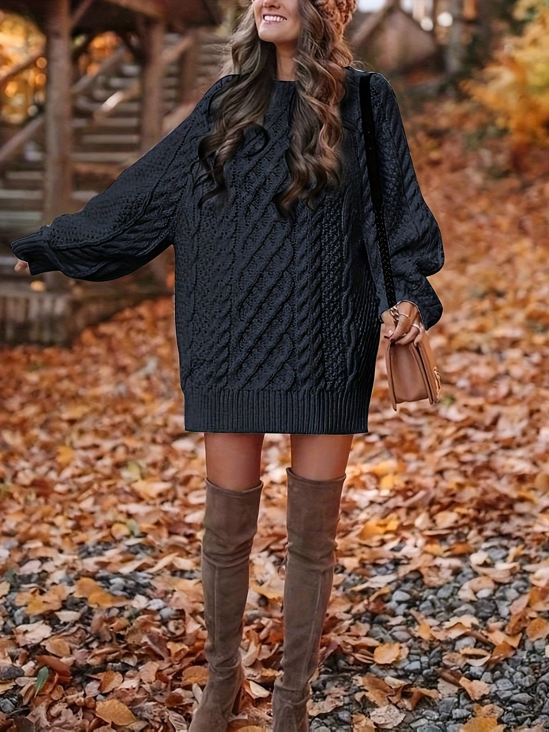 Women's Knitted Dress Oversized Mini Cable in Black 4
