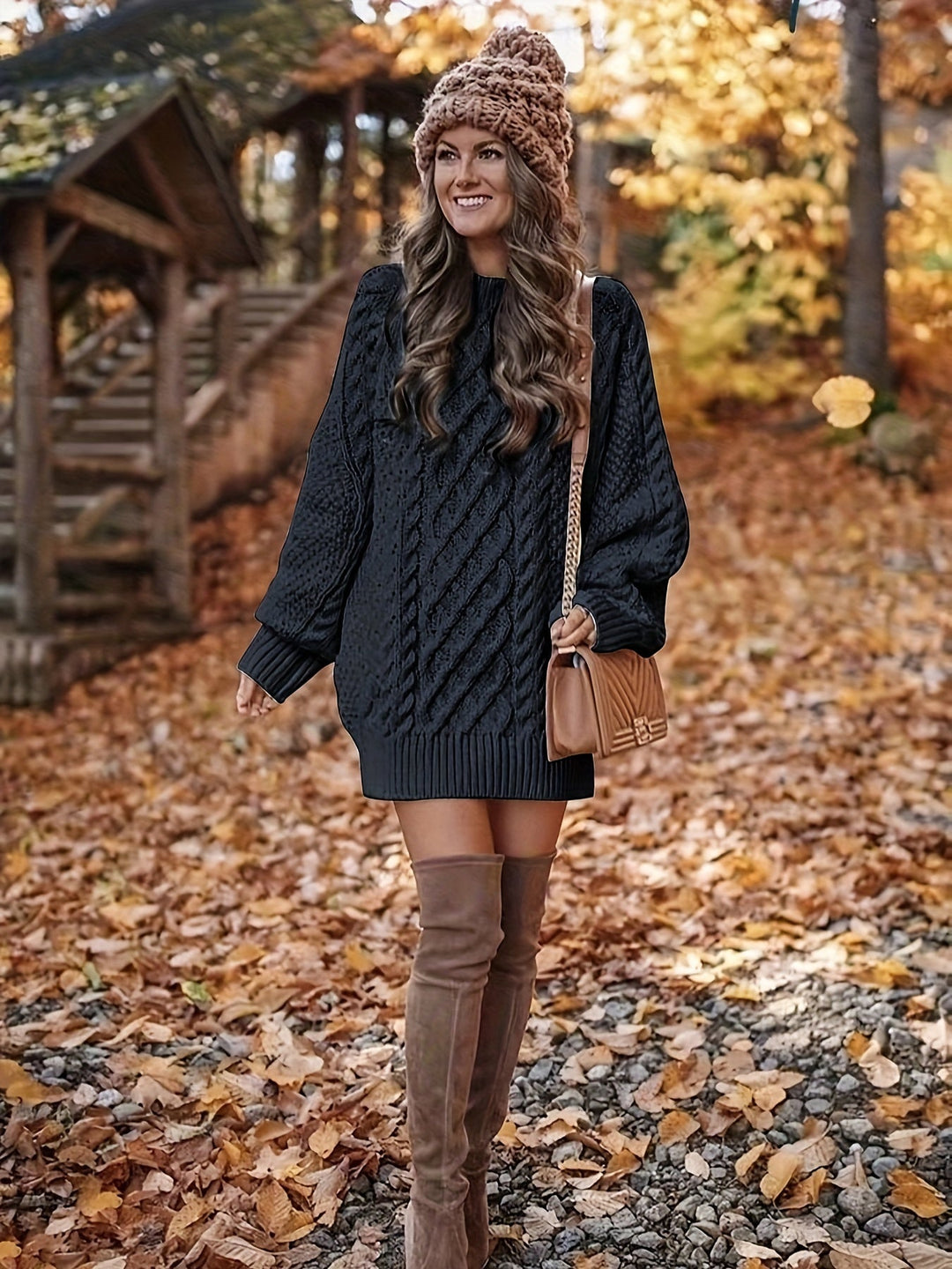 Women's Knitted Dress Oversized Mini Cable in Black 5