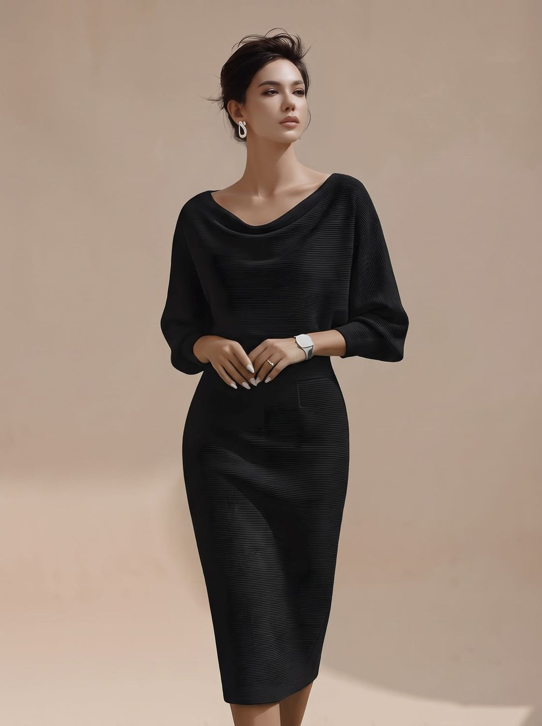 Women's Knitted Midi Jumper Dress for Evening in Black