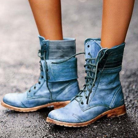 Women's Lace-Up Distressed Knee High Boots in Blue