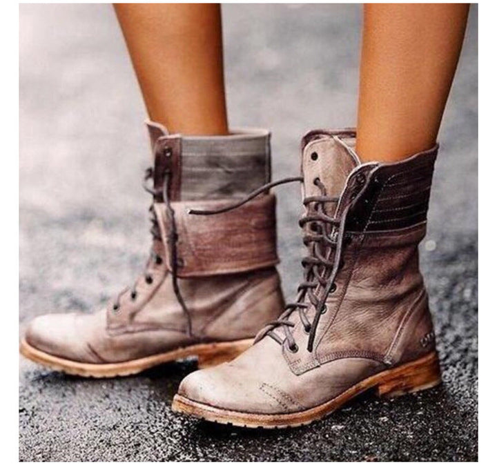 Women's Lace-Up Distressed Knee High Boots in Brown