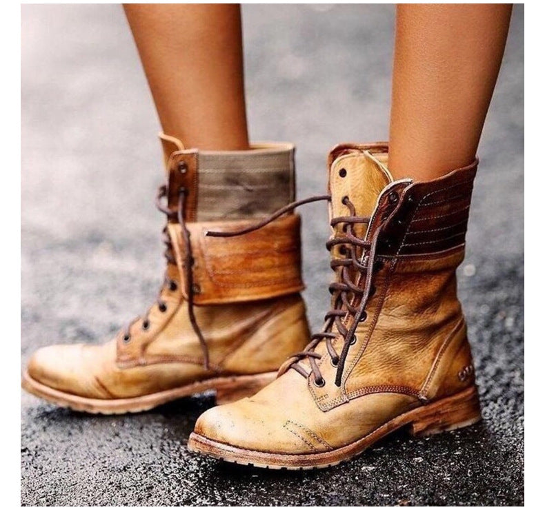 Women's Lace-Up Distressed Knee High Boots in Khaki