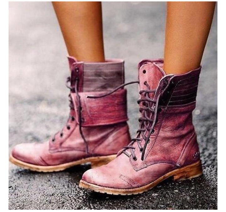 Women's Lace-Up Distressed Knee High Boots in Red