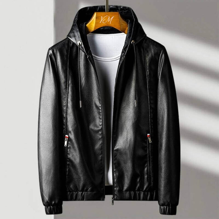Women's Leather Trench Coat with Hood in Black