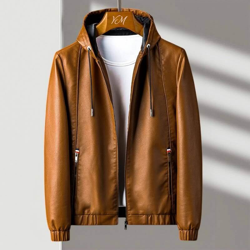 Women's Leather Trench Coat with Hood in Brown