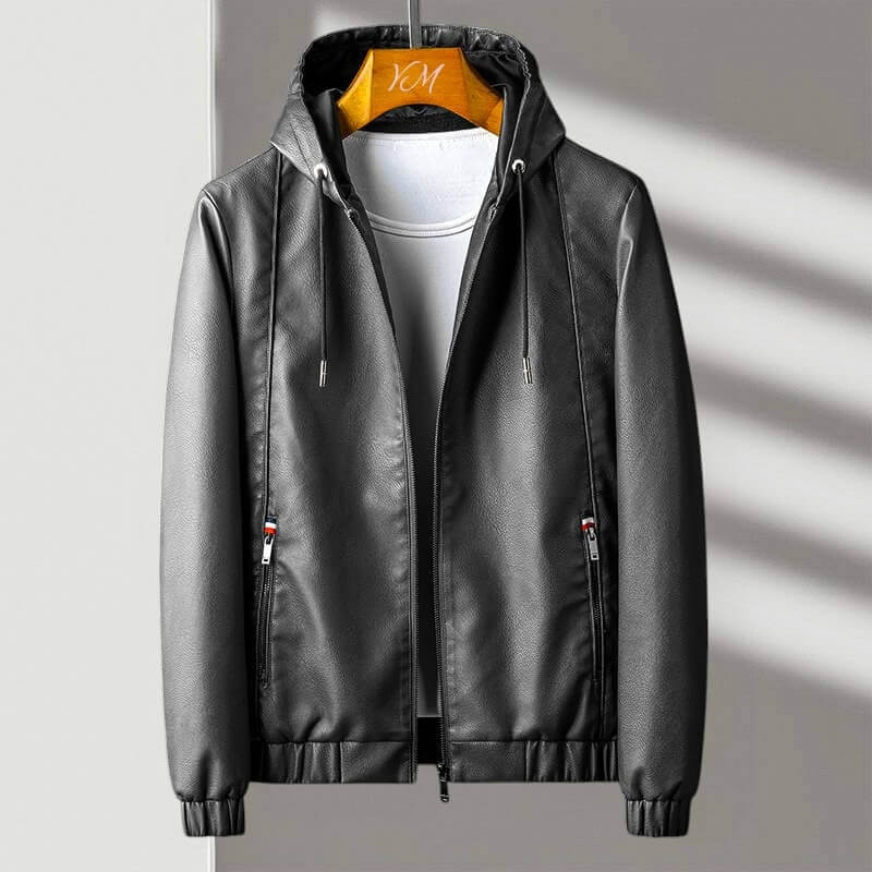 Women's Leather Trench Coat with Hood in Grey