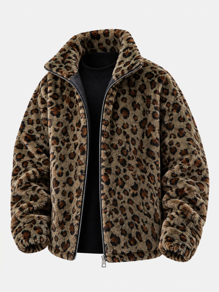 Women's Leopard Faux Fur Winter Coat in Darkgreen