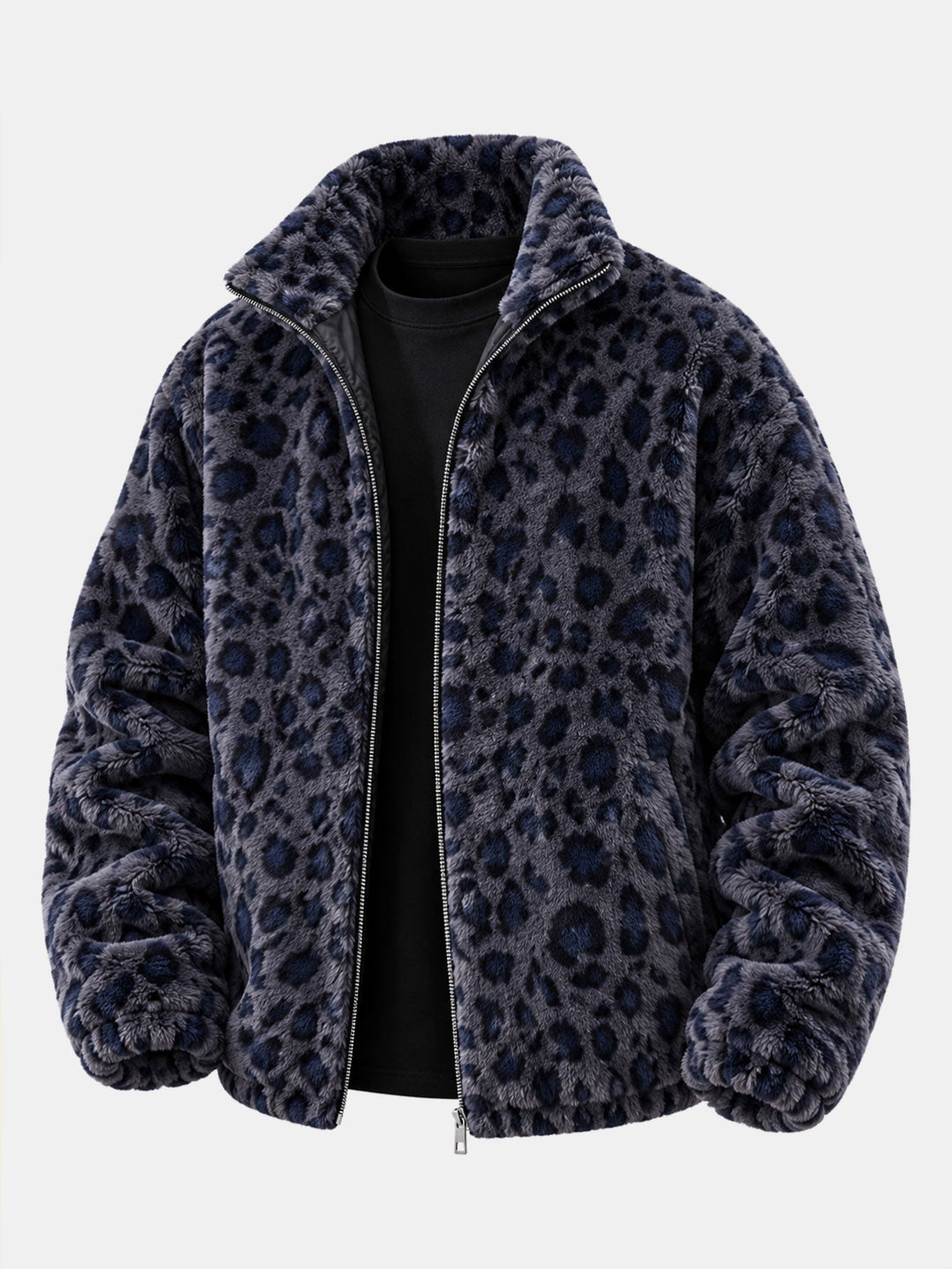 Women's Leopard Faux Fur Winter Coat in Navy