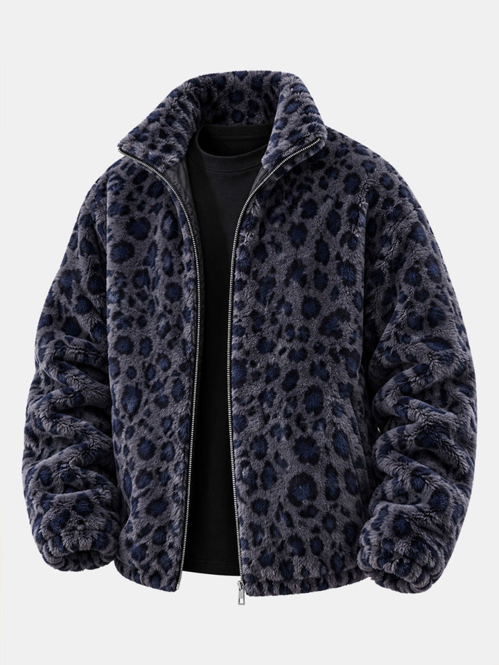 Women's Leopard Faux Fur Winter Coat in Navy