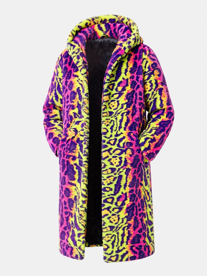 Women's Leopard Longline Faux Fur Trench Coat in Colorful