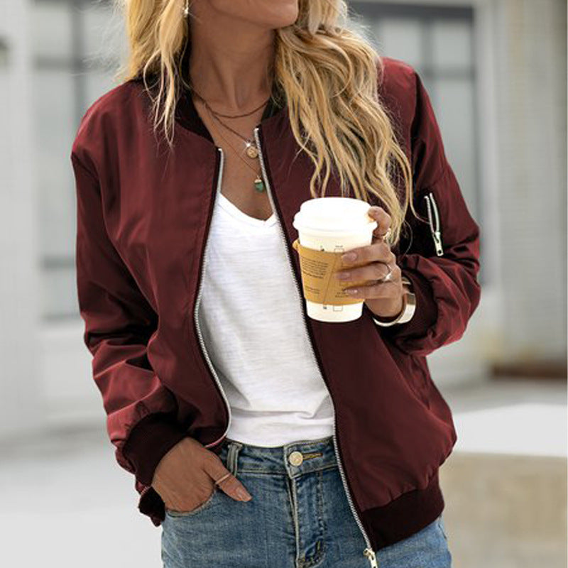 Women's Lightweight Casual Bomber Jacket in Burgundy
