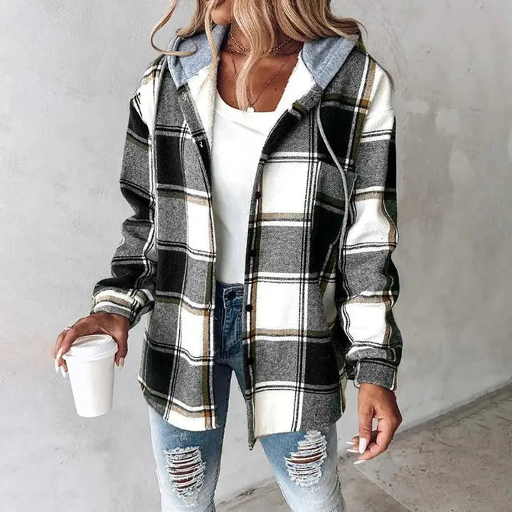 Women's Lightweight Plaid Puffer Jacket in Black