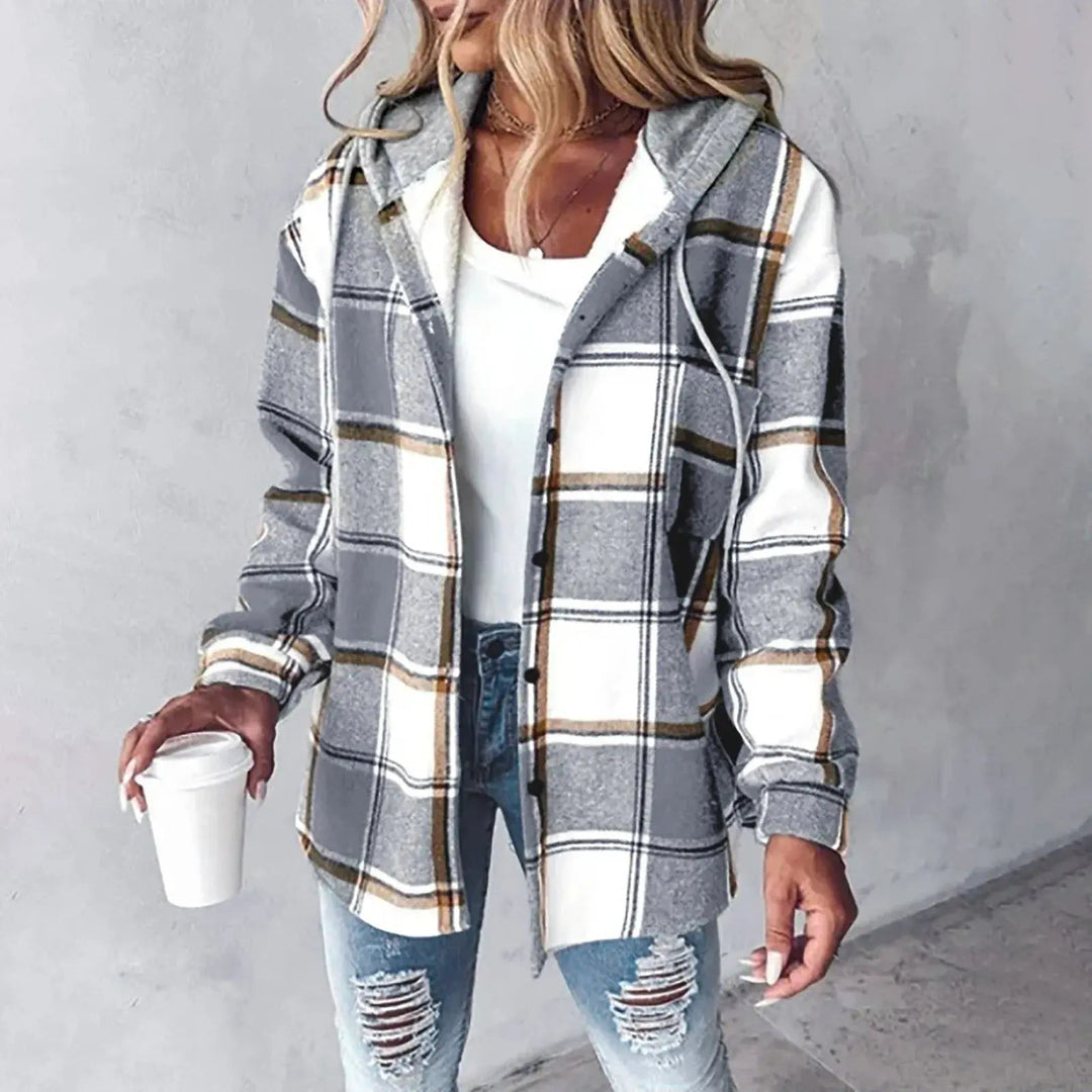 Women's Lightweight Plaid Puffer Jacket in Grey