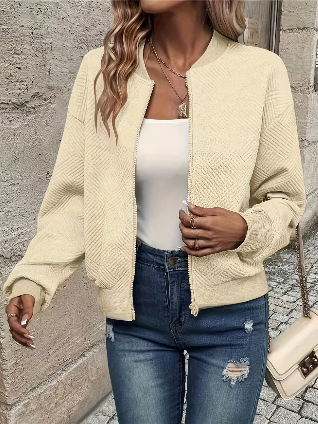 Women's Lightweight Structured Zip Coat for Layering in Aprikose