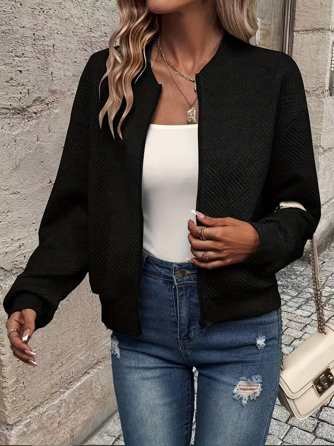 Women's Lightweight Structured Zip Coat for Layering in Black