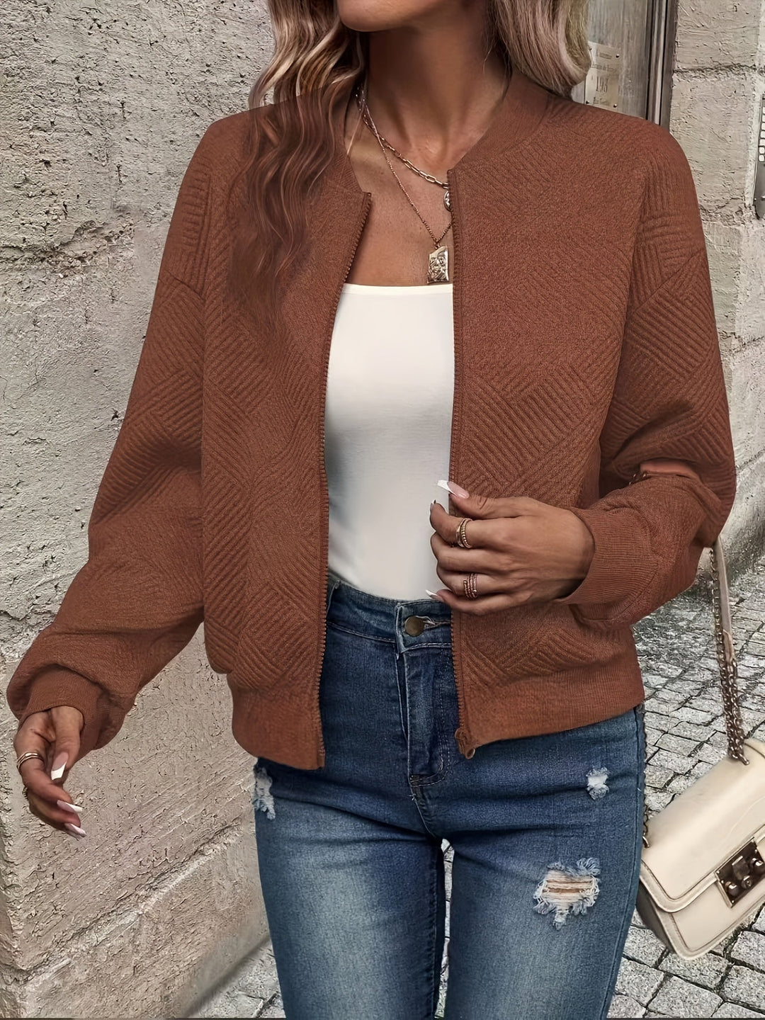 Women's Lightweight Structured Zip Coat for Layering in Dark Brown
