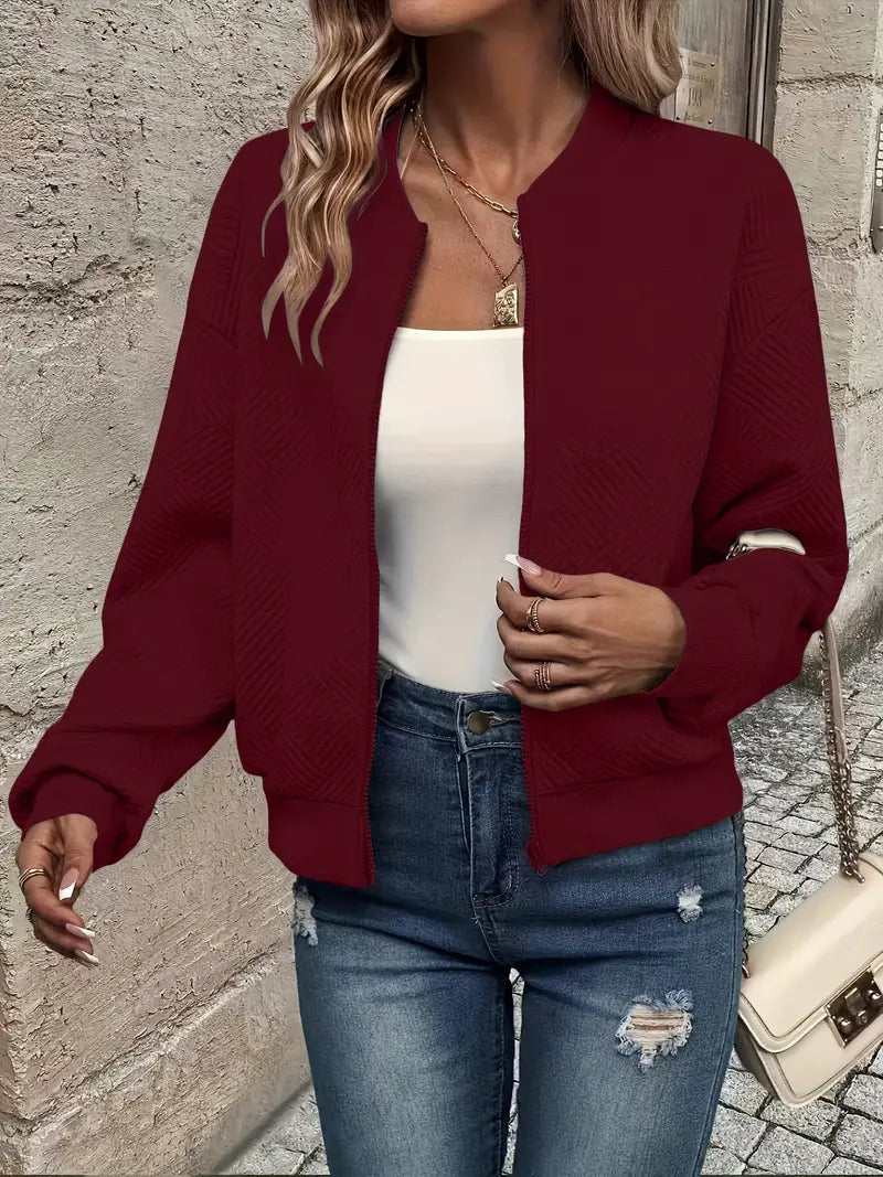 Women's Lightweight Structured Zip Coat for Layering in Dark Red
