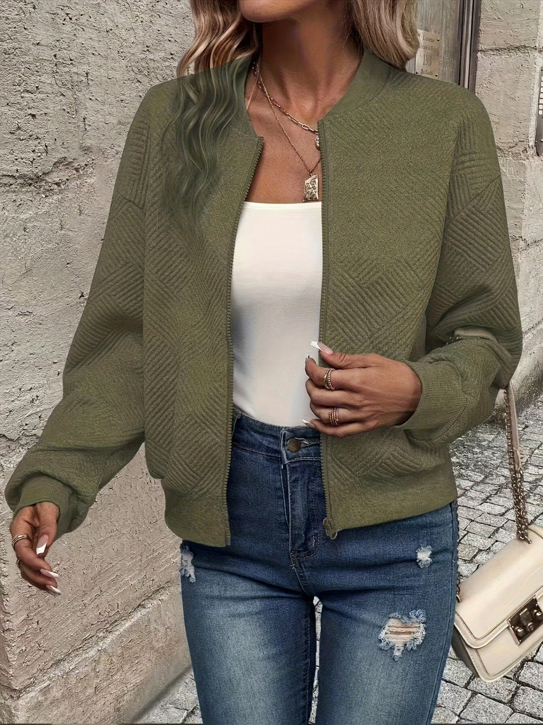 Women's Lightweight Structured Zip Coat for Layering in Olive