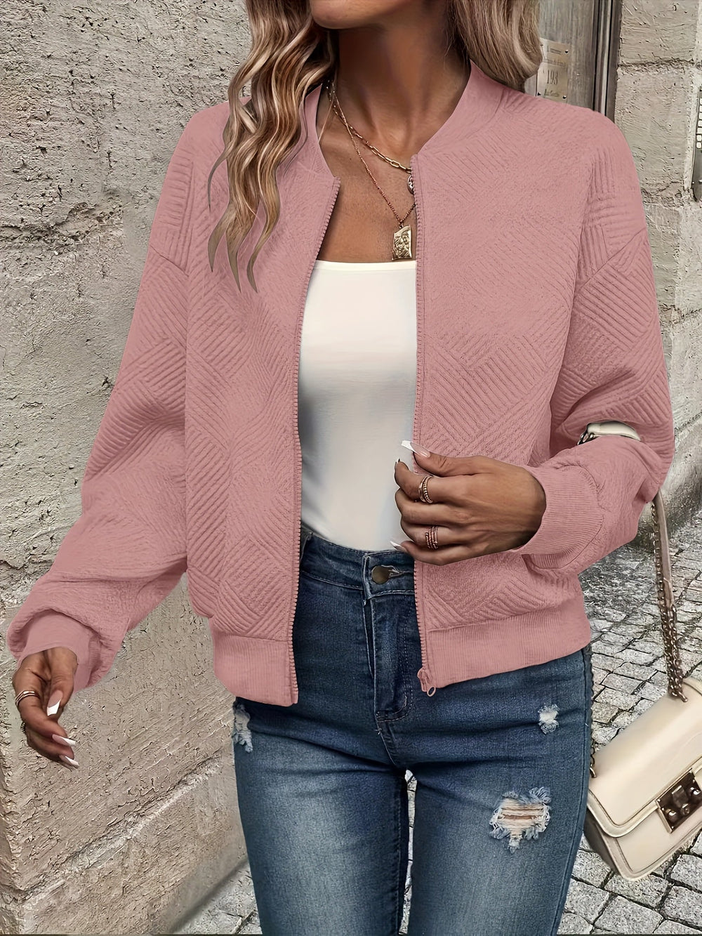 Women's Lightweight Structured Zip Coat for Layering in Pink