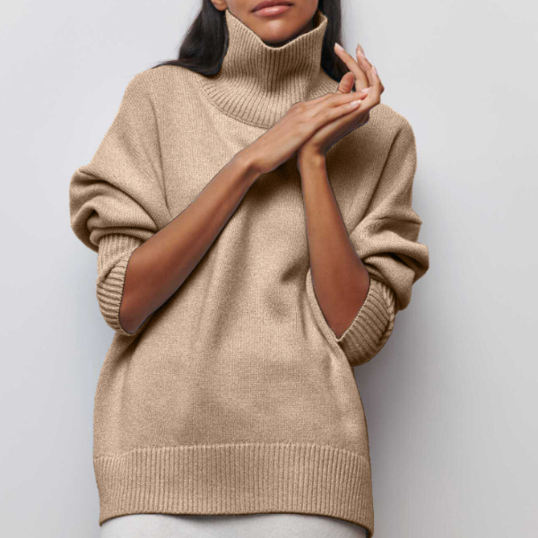 Women's Long Black Turtleneck Sweater in Beige