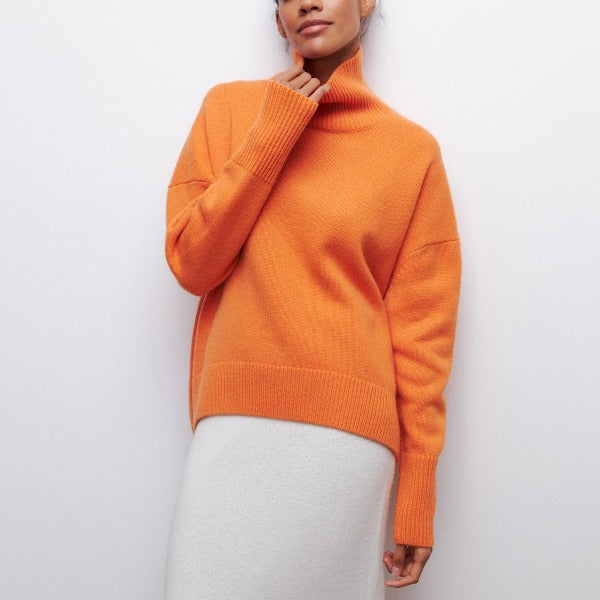 Women's Long Black Turtleneck Sweater in Orange
