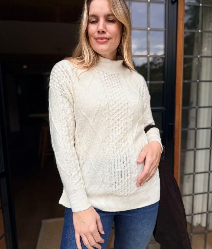 Women's Long Cable Knit Jumper Dress in Cream 4