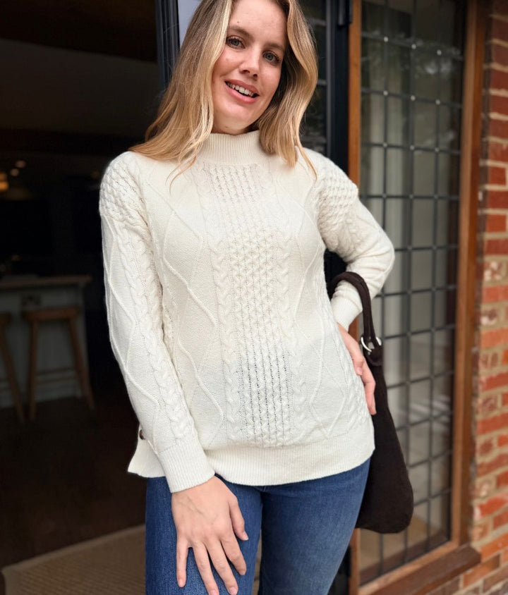 Women's Long Cable Knit Jumper Dress in Cream 5