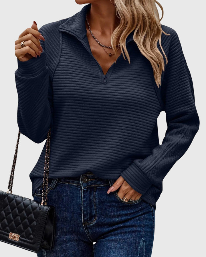 Women's Long Cardigan with V-Neck Zipper in Dark blue