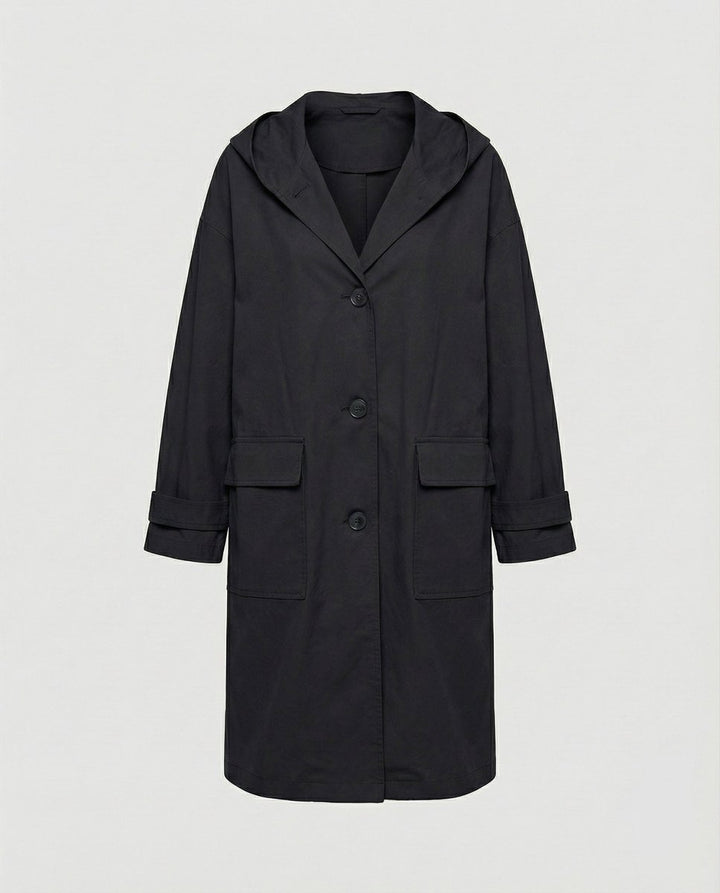 Women's Long Hooded Trench Coat for Travel in Black