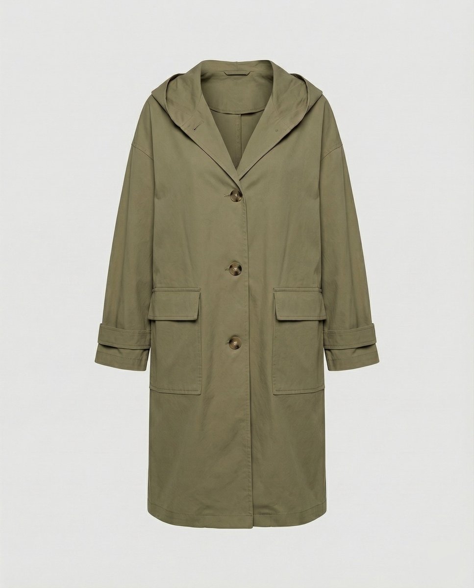 Women's Long Hooded Trench Coat for Travel in Green
