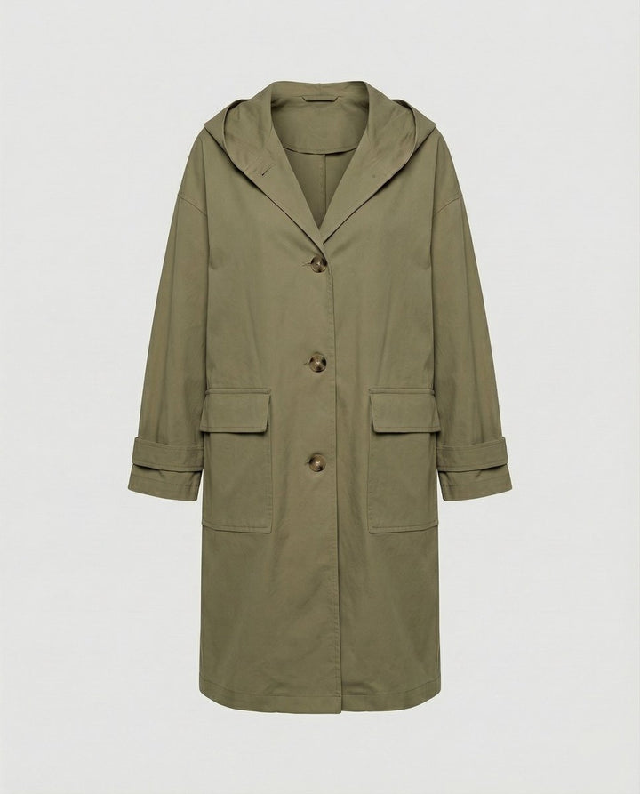 Women's Long Hooded Trench Coat for Travel in Green