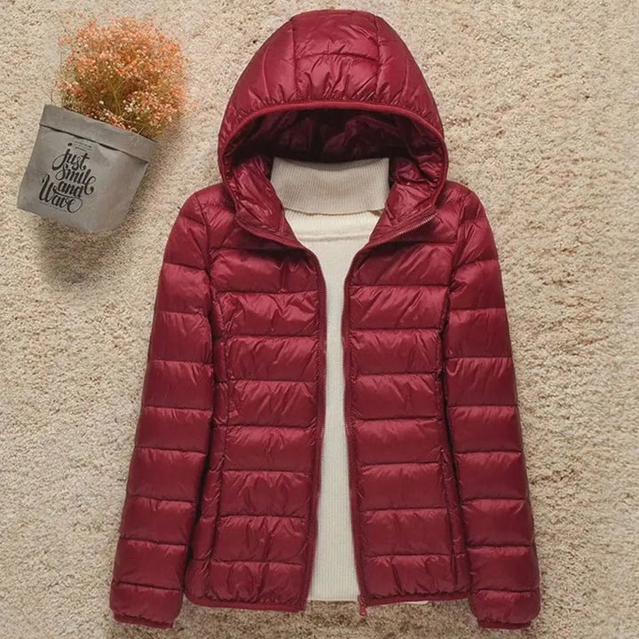 Women's Long Puffer Coat for Winter in Burgundy