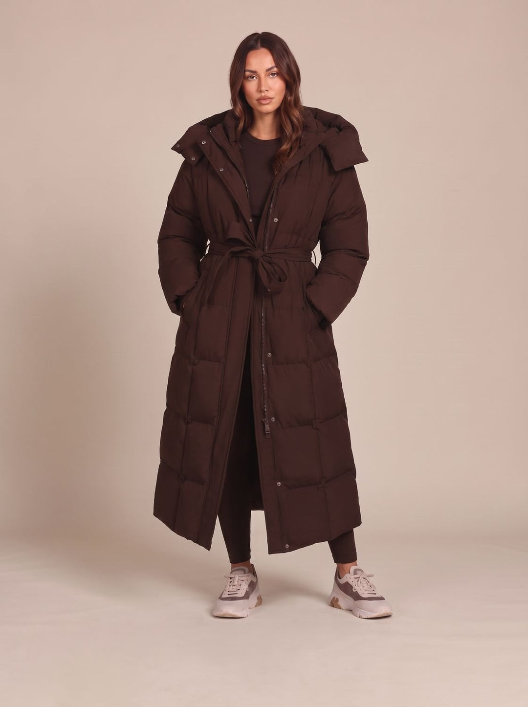 Women's Long Puffer Coat for Winter Commuting in Brown