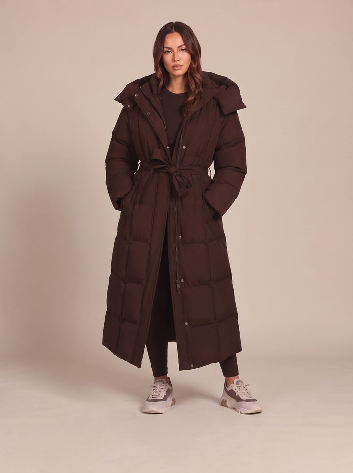 Women's Long Puffer Coat for Winter Commuting in Brown