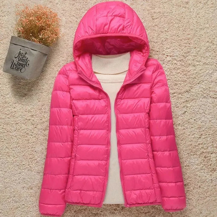 Women's Long Puffer Coat for Winter in Fuchsia