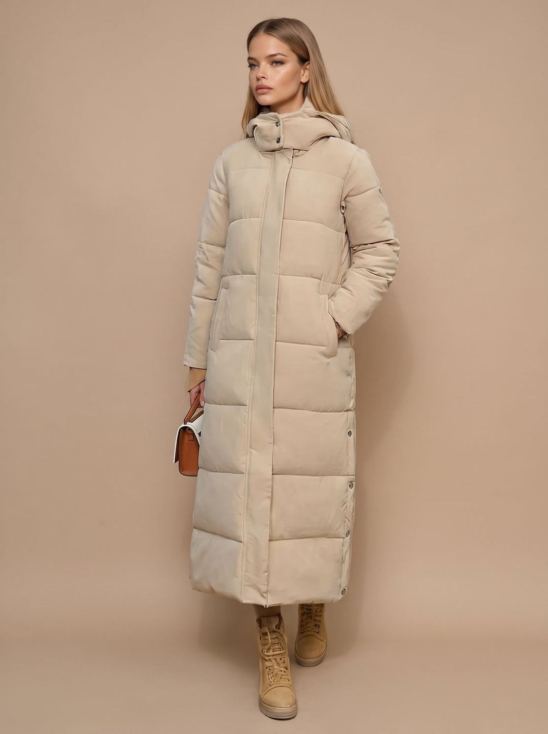 Women's Long Puffer Coat for Winter Weather in Beige