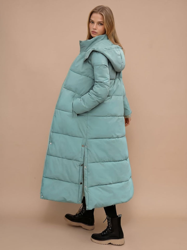 Women's Long Puffer Coat for Winter Weather in Turquoise