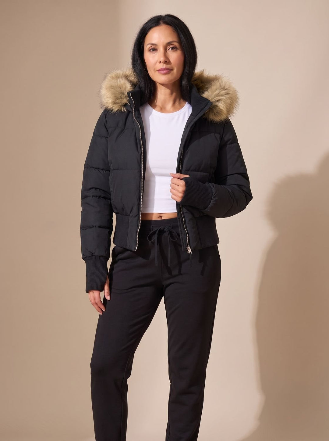 Women's Long Puffer Coat with Fitted Silhouette in Black
