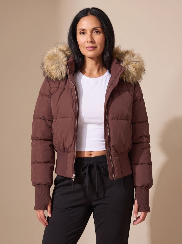 Women's Long Puffer Coat with Fitted Silhouette in Brown