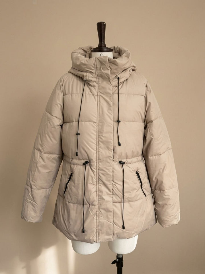 Women's Long Puffer Coat with Fitted Silhouette in Khaki