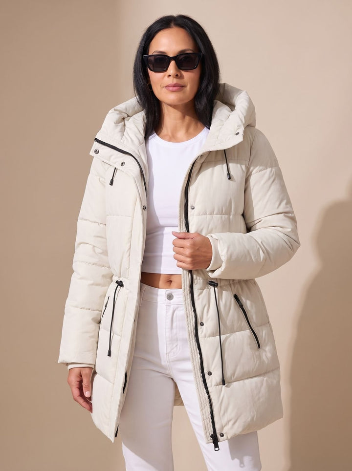 Women's Long Puffer Coat with Fitted Silhouette in White